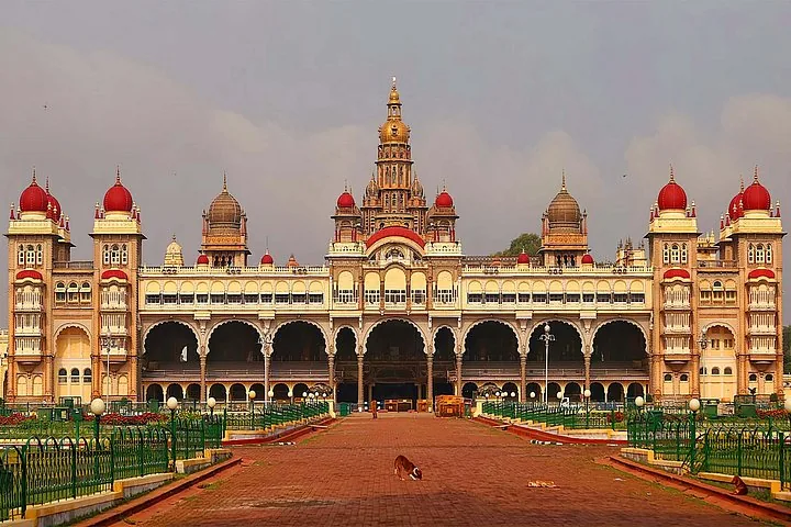Stunning view of the illuminated Mysore Palace with its grand architectural details.